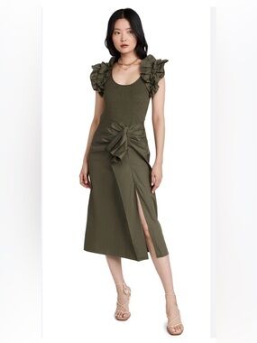 Ulla Johnson Isabella Combo Ruffle Midi Dress in Military Melange Green Size Med